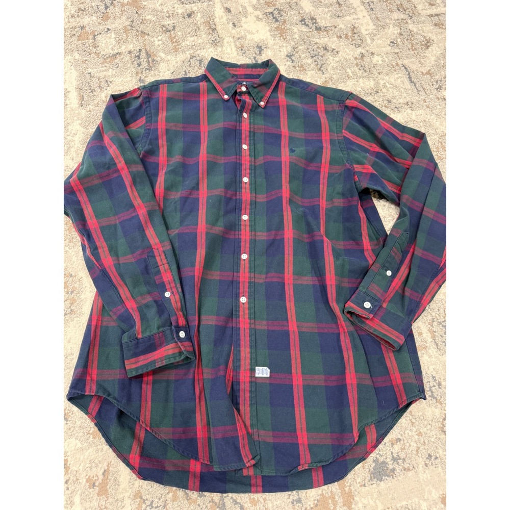 Ralph Lauren Mens Large Plaid Button Down Shirt Green Navy Red Cotton